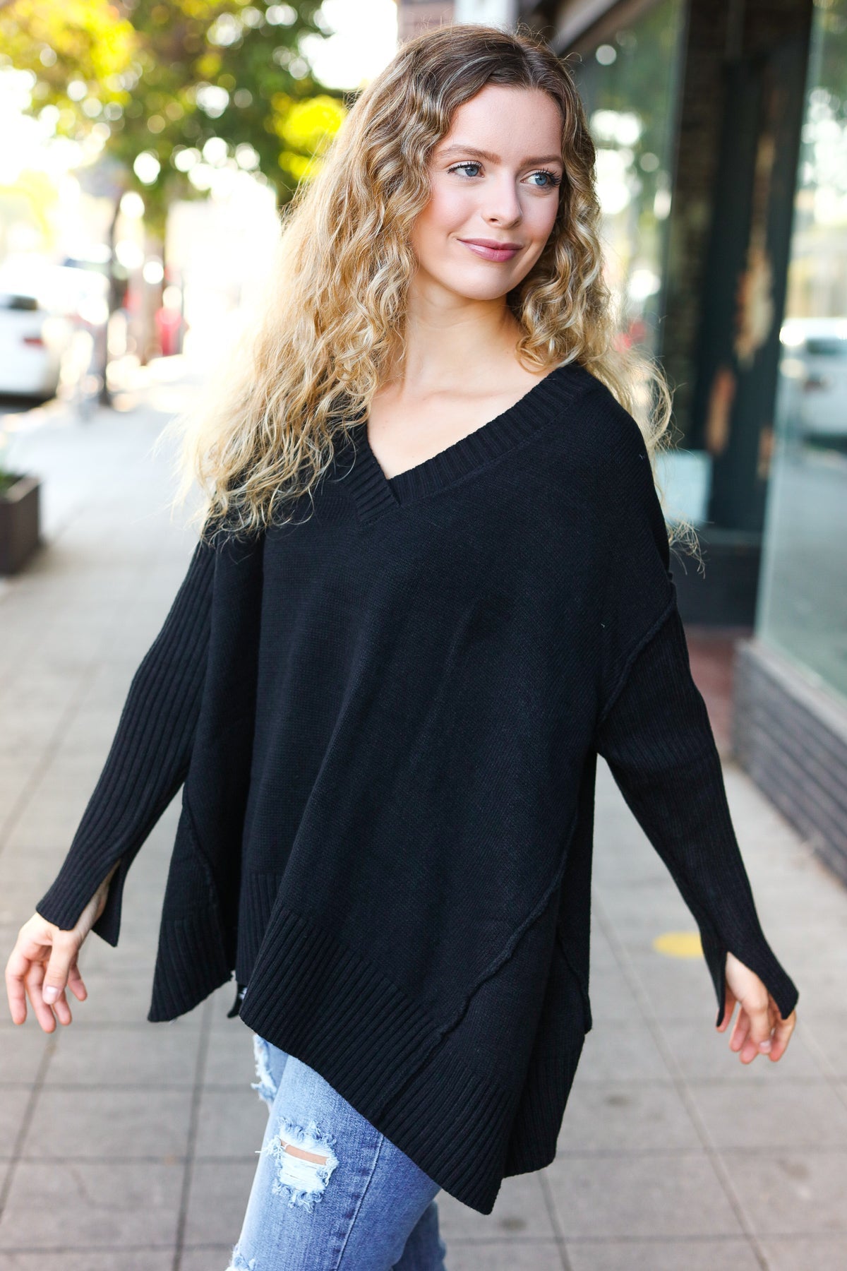 Haptics Casual Chic Black Oversized V Neck Rib Knit Sweater Haptics