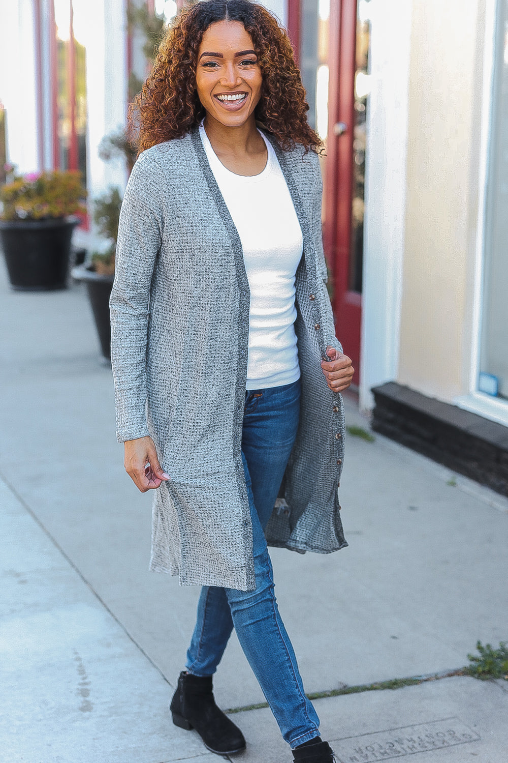 Mystree Grey Brushed Knit Crochet Button Down Duster Cardigan Cardigan