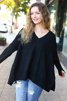 Haptics Casual Chic Black Oversized V Neck Rib Knit Sweater Haptics