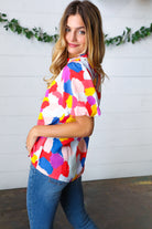 Jodifl Multicolor Print Frilled Mock Neck Puff Sleeve Top JODIFL