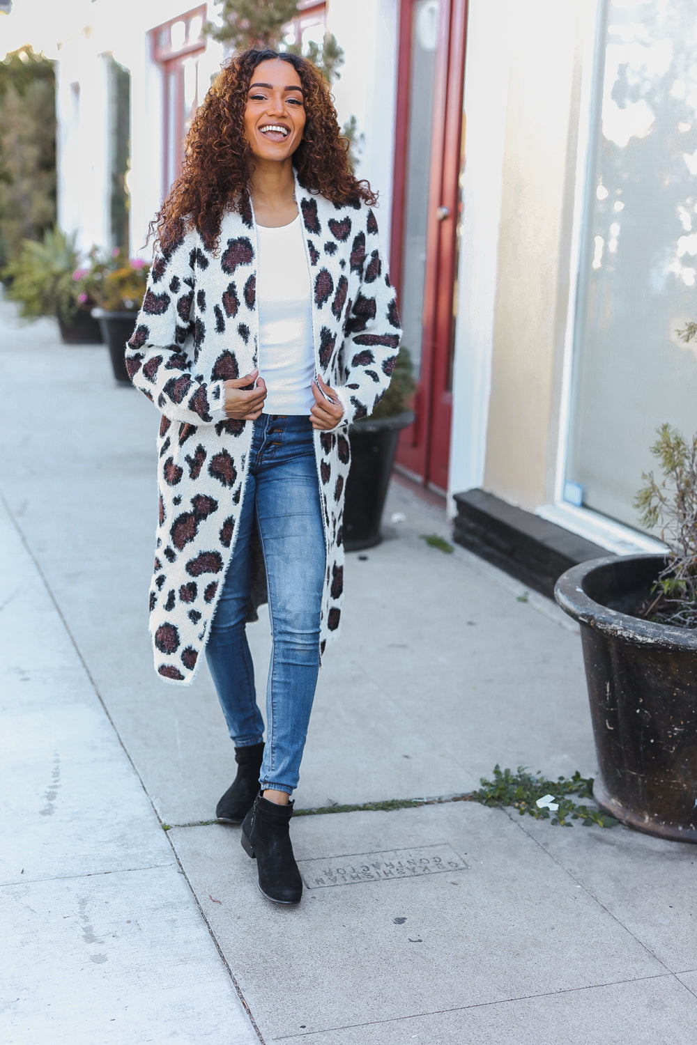 Mittoshop Boldly You Cream Fury Knit Animal Print Open Duster Cardigan Cardigan