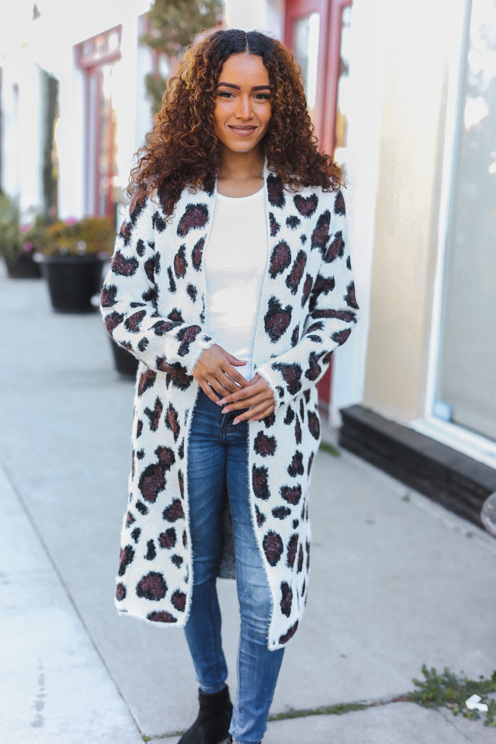 Mittoshop Boldly You Cream Fury Knit Animal Print Open Duster Cardigan Cardigan