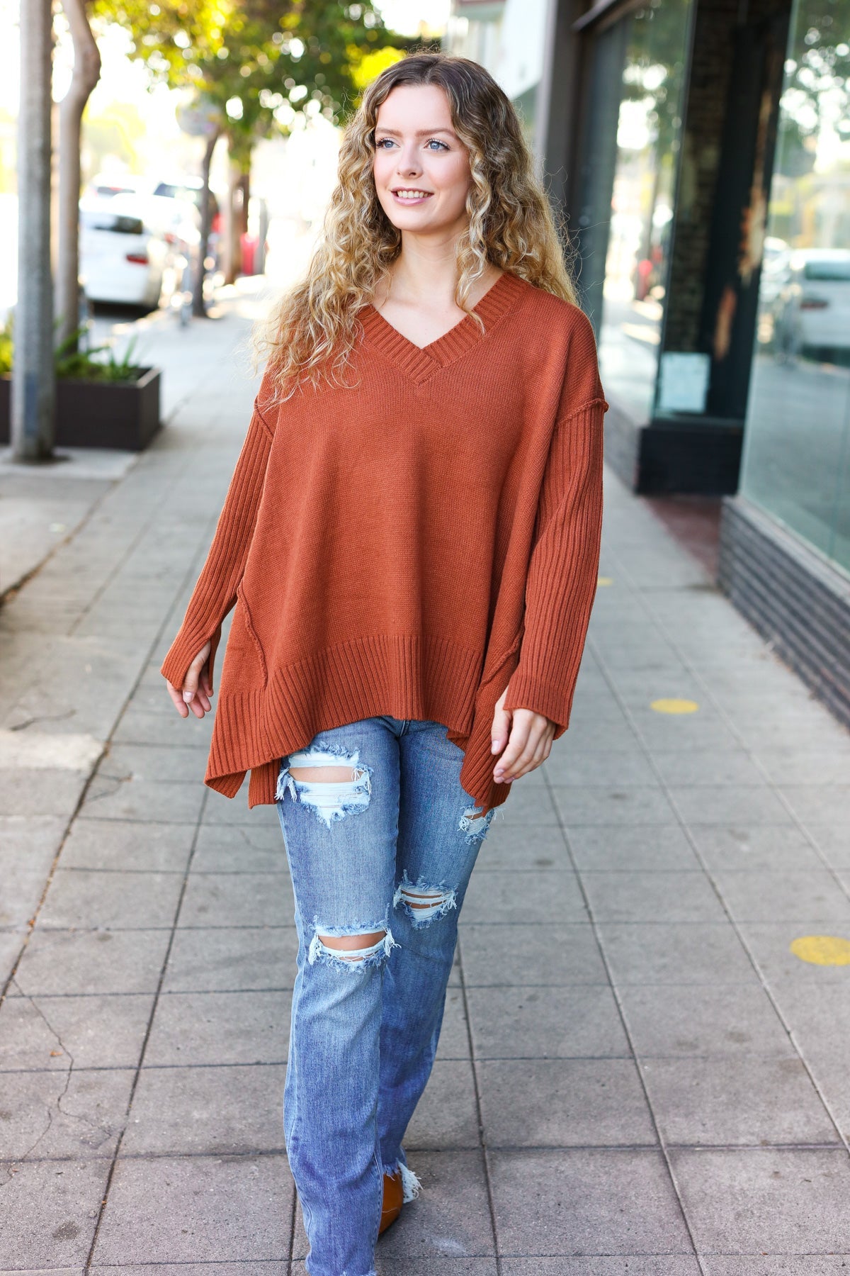 Haptics Casual Chic Rust Oversized V Neck Rib Knit Sweater Haptics