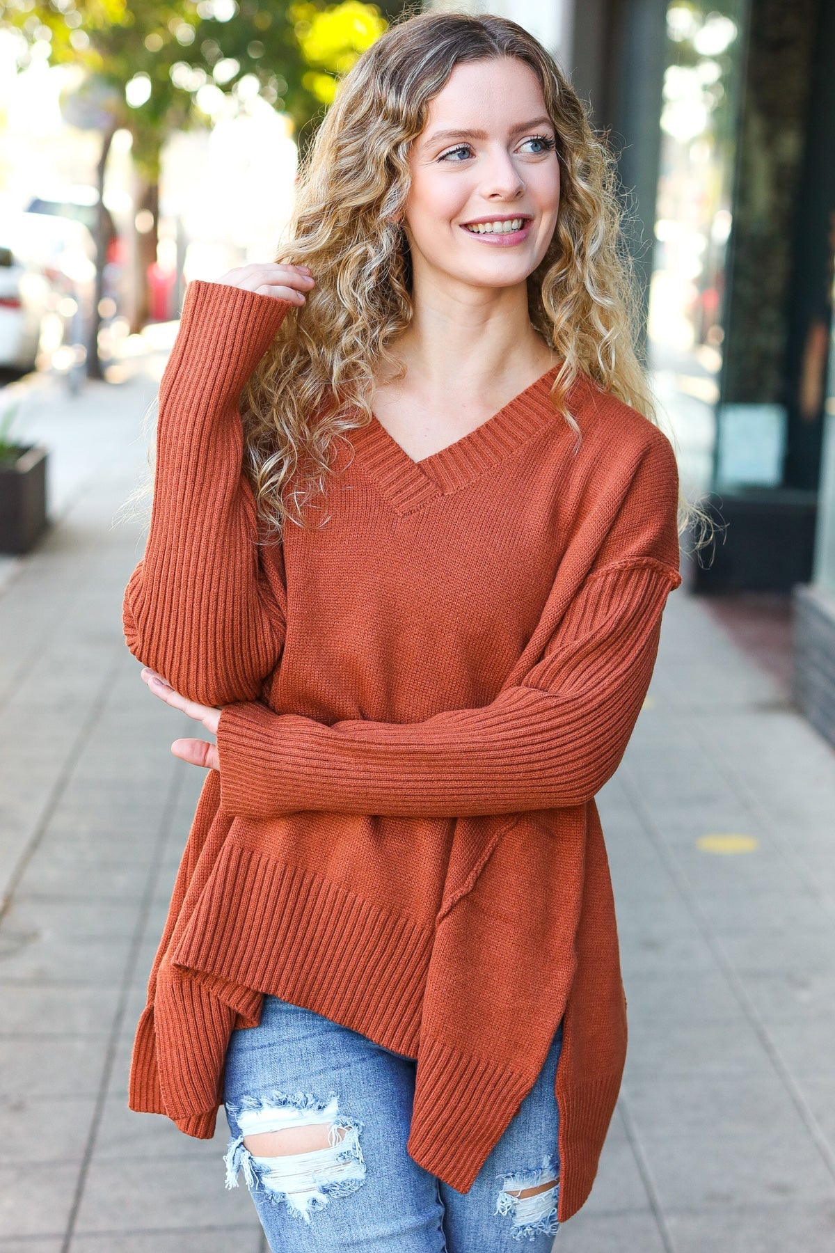 Haptics Casual Chic Rust Oversized V Neck Rib Knit Sweater 2024 Blow-Out Sale