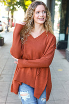 Haptics Casual Chic Rust Oversized V Neck Rib Knit Sweater 2024 Blow-Out Sale
