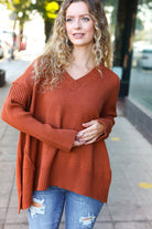 Haptics Casual Chic Rust Oversized V Neck Rib Knit Sweater 2024 Blow-Out Sale