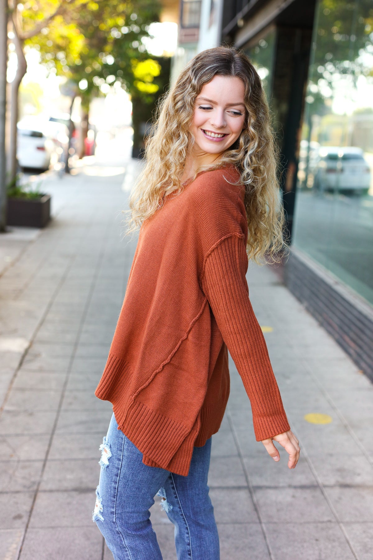 Haptics Casual Chic Rust Oversized V Neck Rib Knit Sweater Haptics