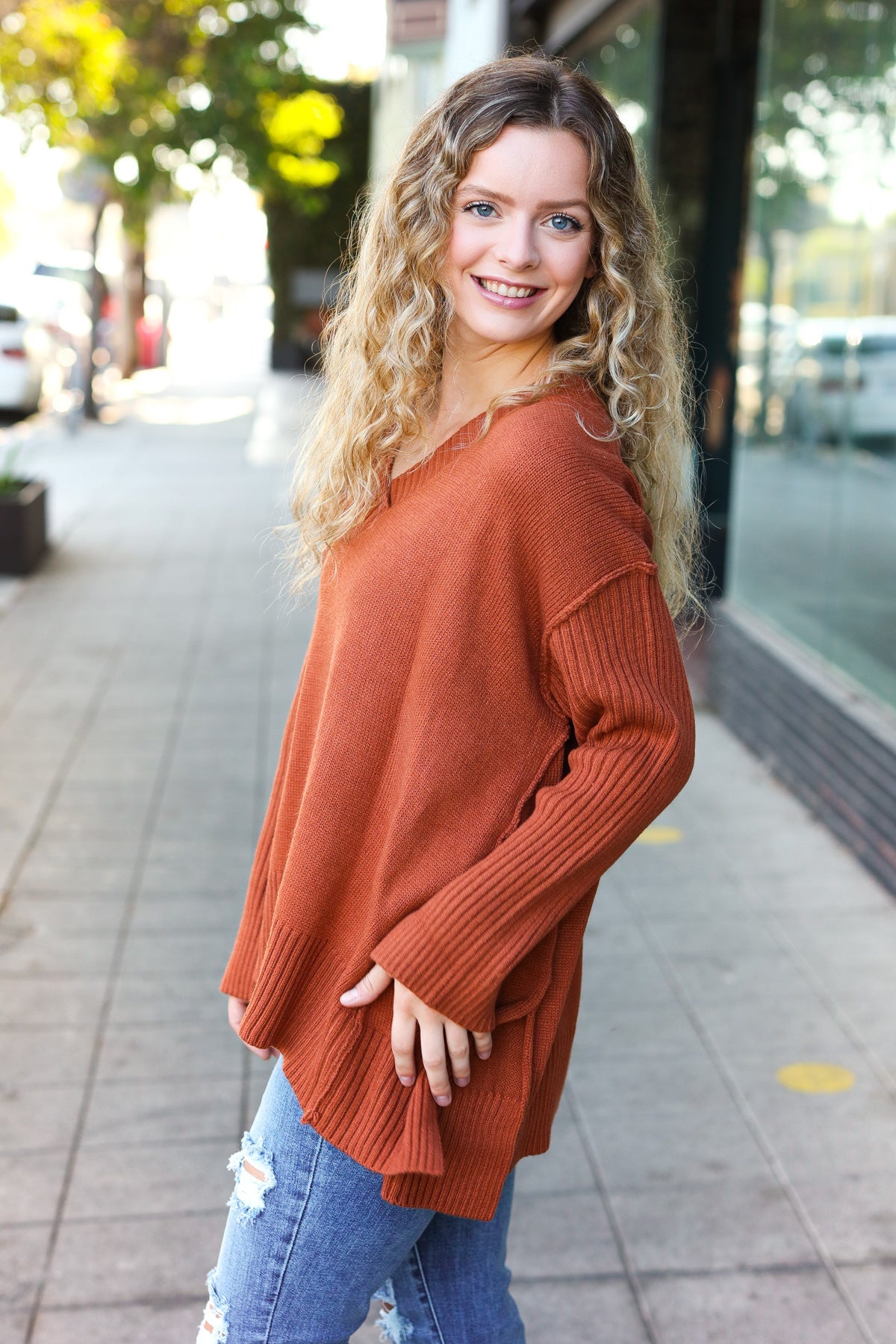 Haptics Casual Chic Rust Oversized V Neck Rib Knit Sweater Haptics