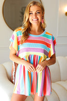 Haptics Multicolor Stripe Thermal Knit Ruffle Sleeve Babydoll Top- L MemorialDay24