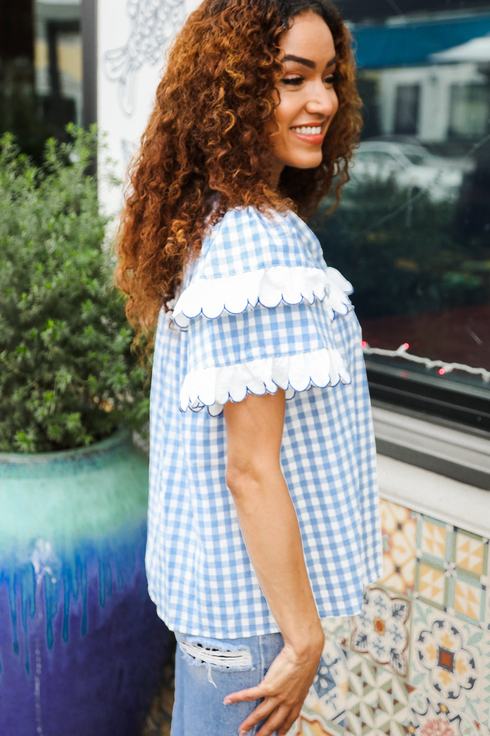 Haptics Cotton Blue Gingham Shirred Mock Neck Top Shirts & Tops