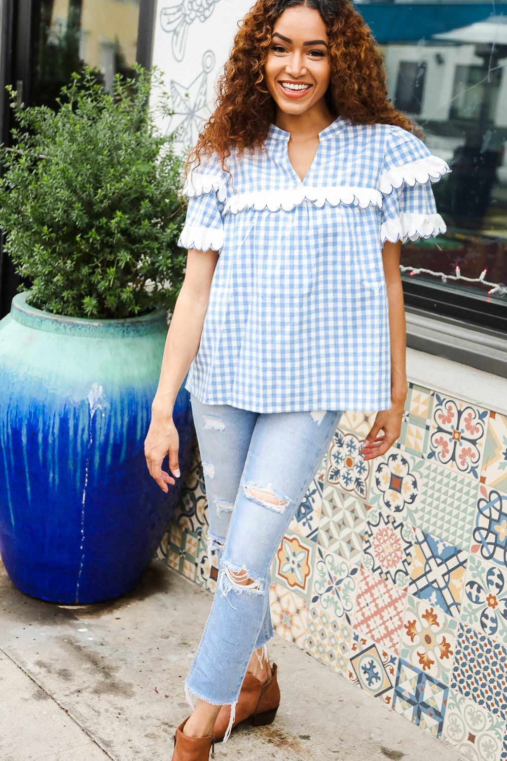 Haptics Cotton Blue Gingham Shirred Mock Neck Top Shirts & Tops