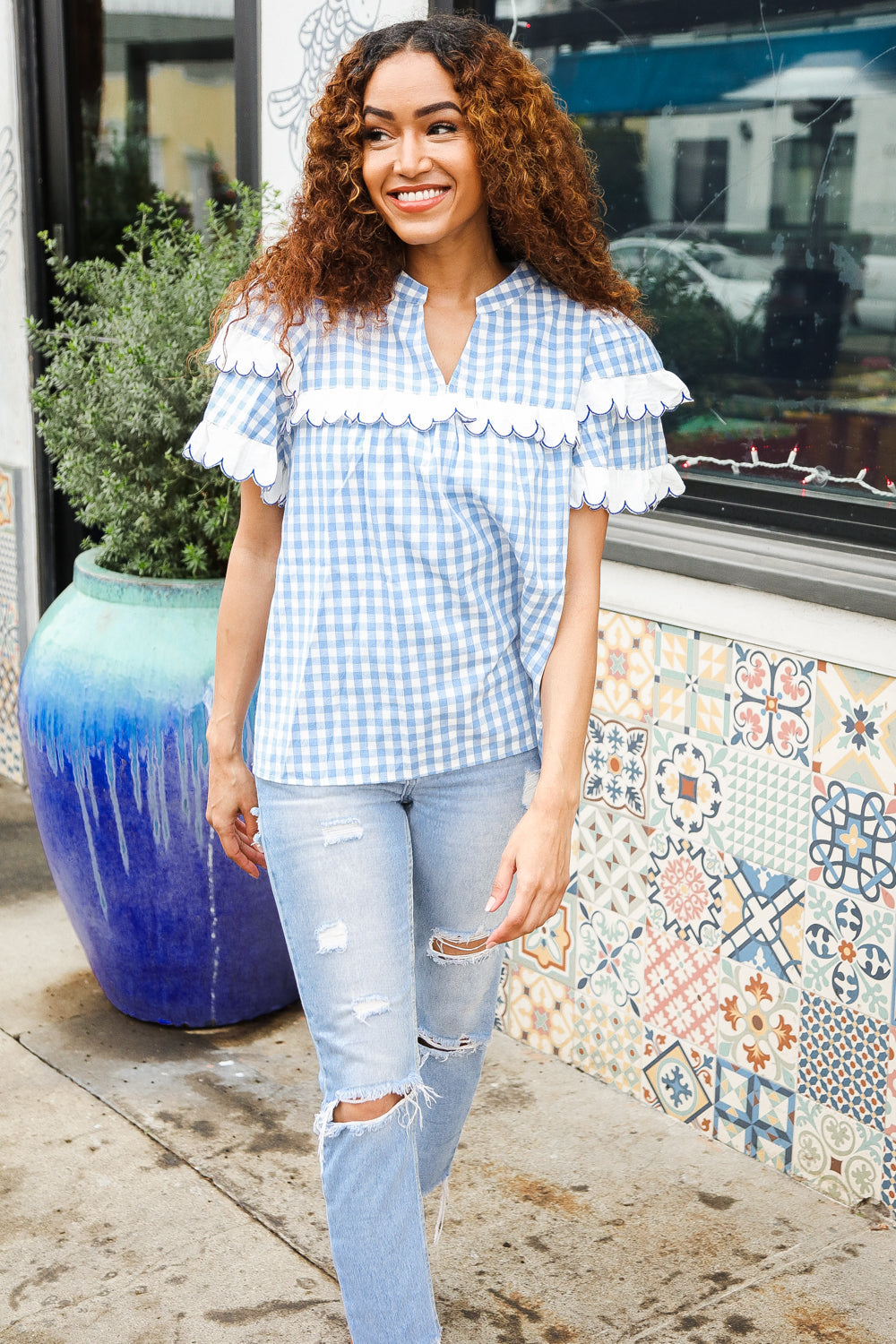 Haptics Cotton Blue Gingham Shirred Mock Neck Top Shirts & Tops