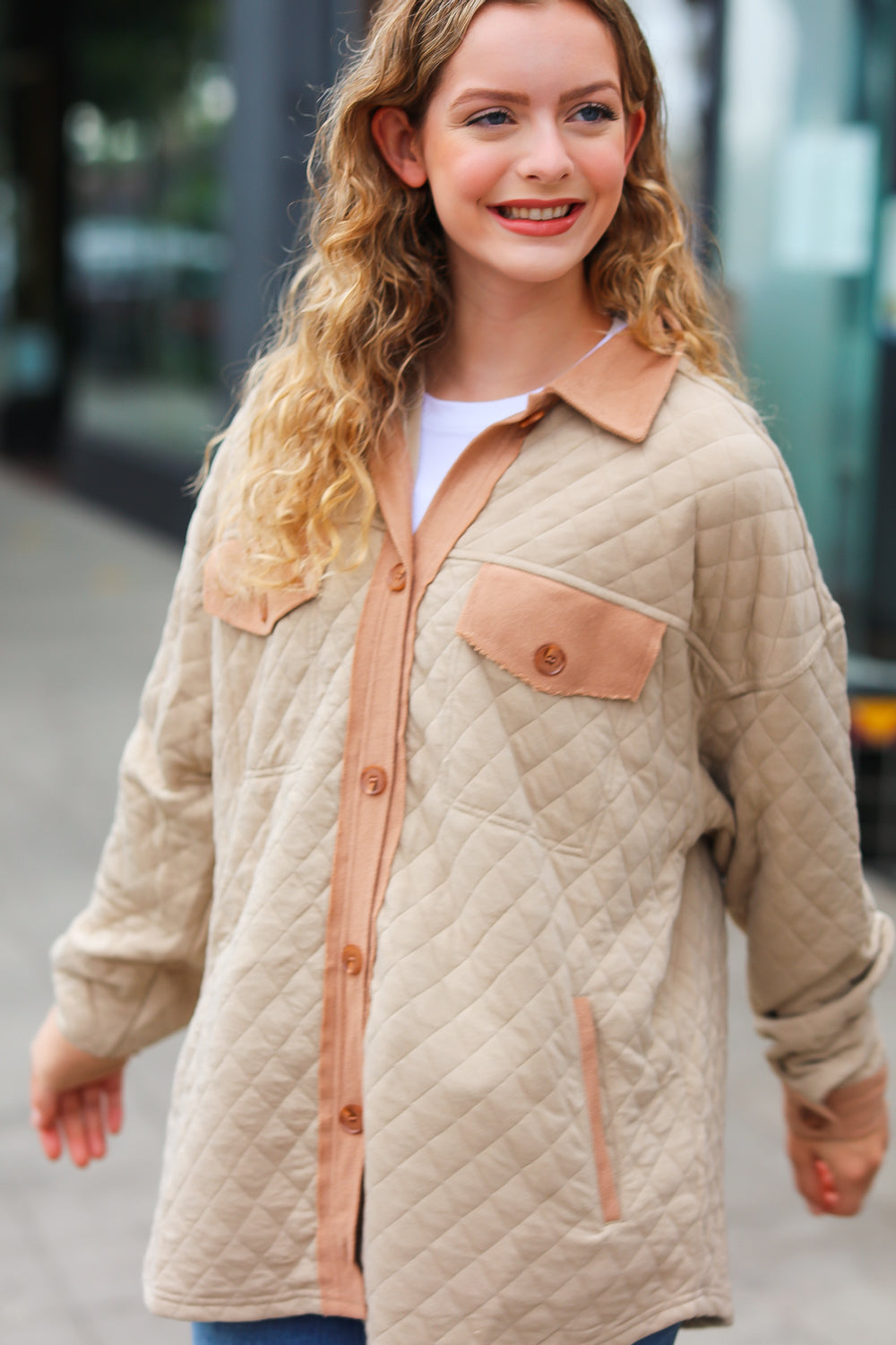 Haptics Taupe Quilted Knit Button Down Shacket Haptics