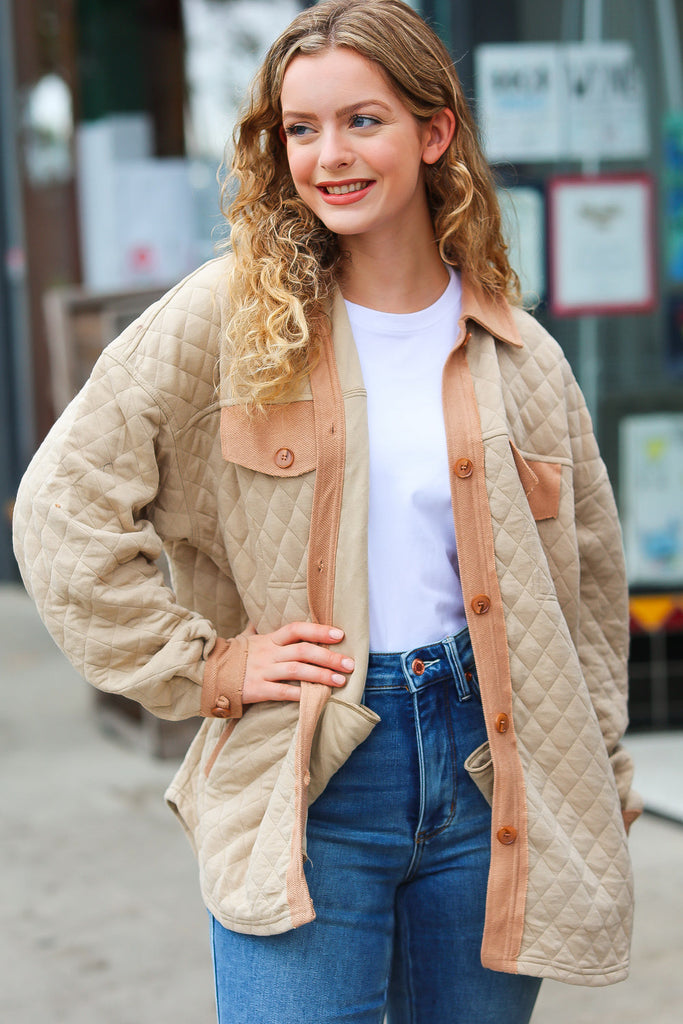 Haptics Taupe Quilted Knit Button Down Shacket Haptics