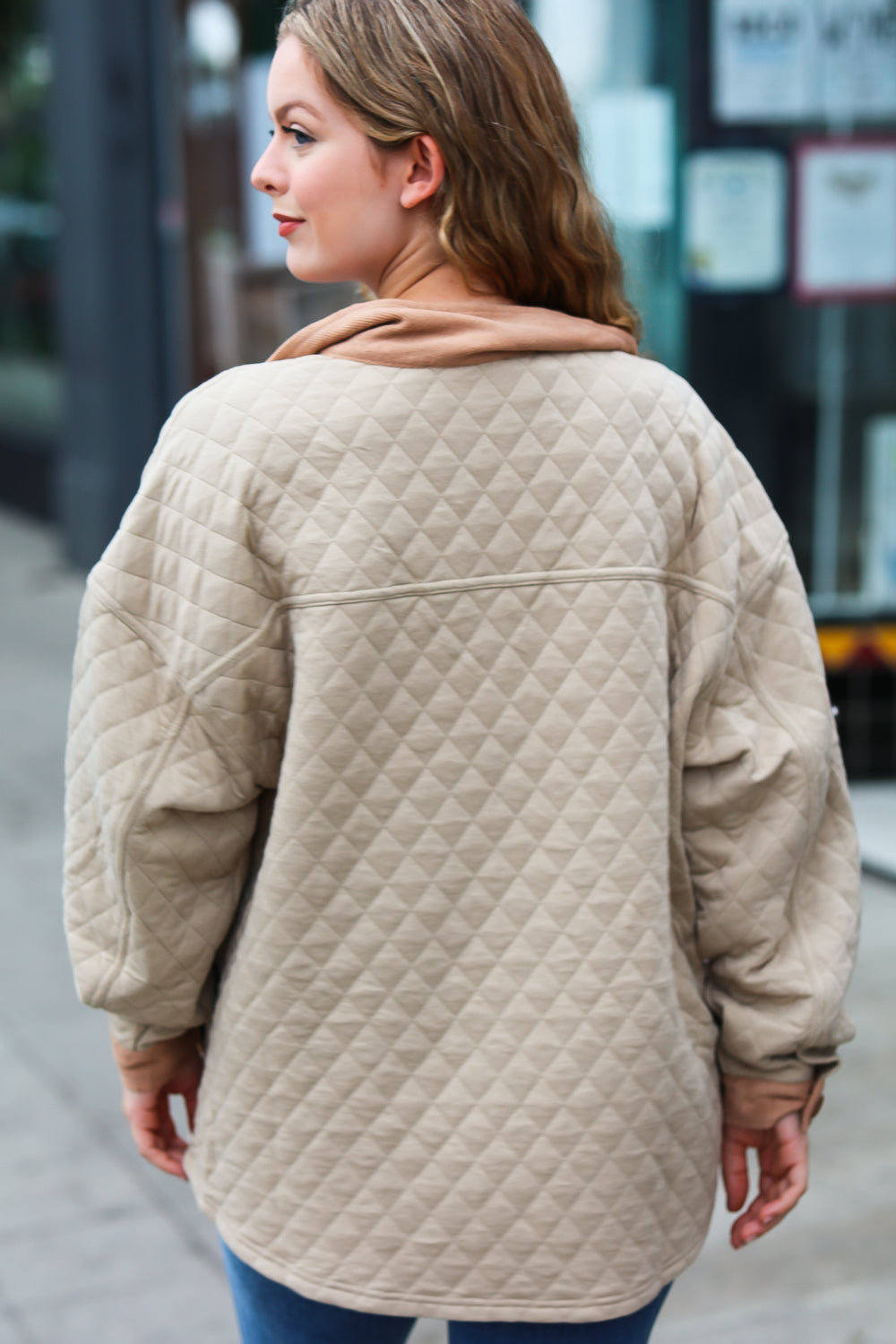 Haptics Taupe Quilted Knit Button Down Shacket Haptics