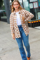 Haptics Taupe Plaid Velvet Pocket Button Down Top Haptics