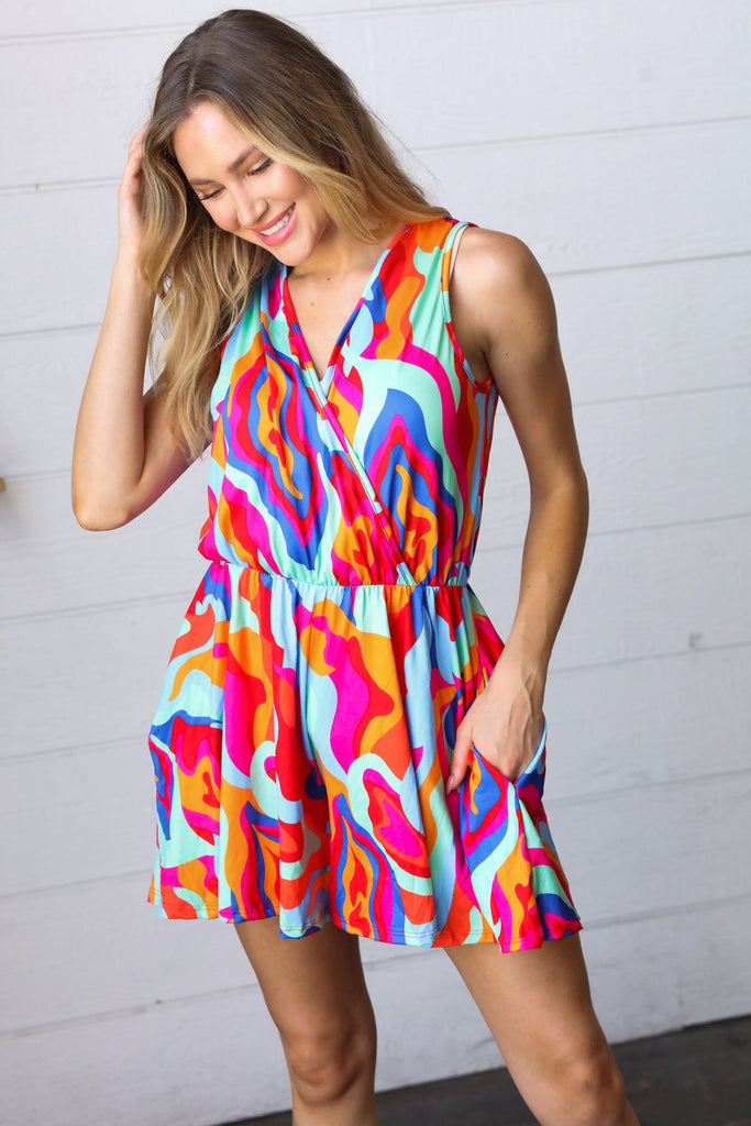 Haptics Vibrant Multicolor Abstract Sleeveless Surplice Romper Haptics