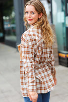 Haptics Taupe Plaid Velvet Pocket Button Down Top Haptics