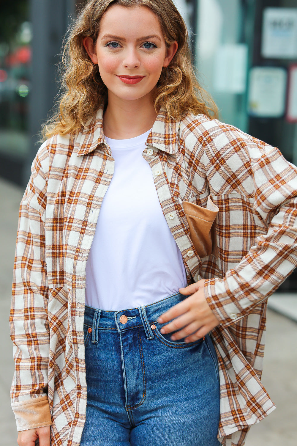 Haptics Taupe Plaid Velvet Pocket Button Down Top Haptics