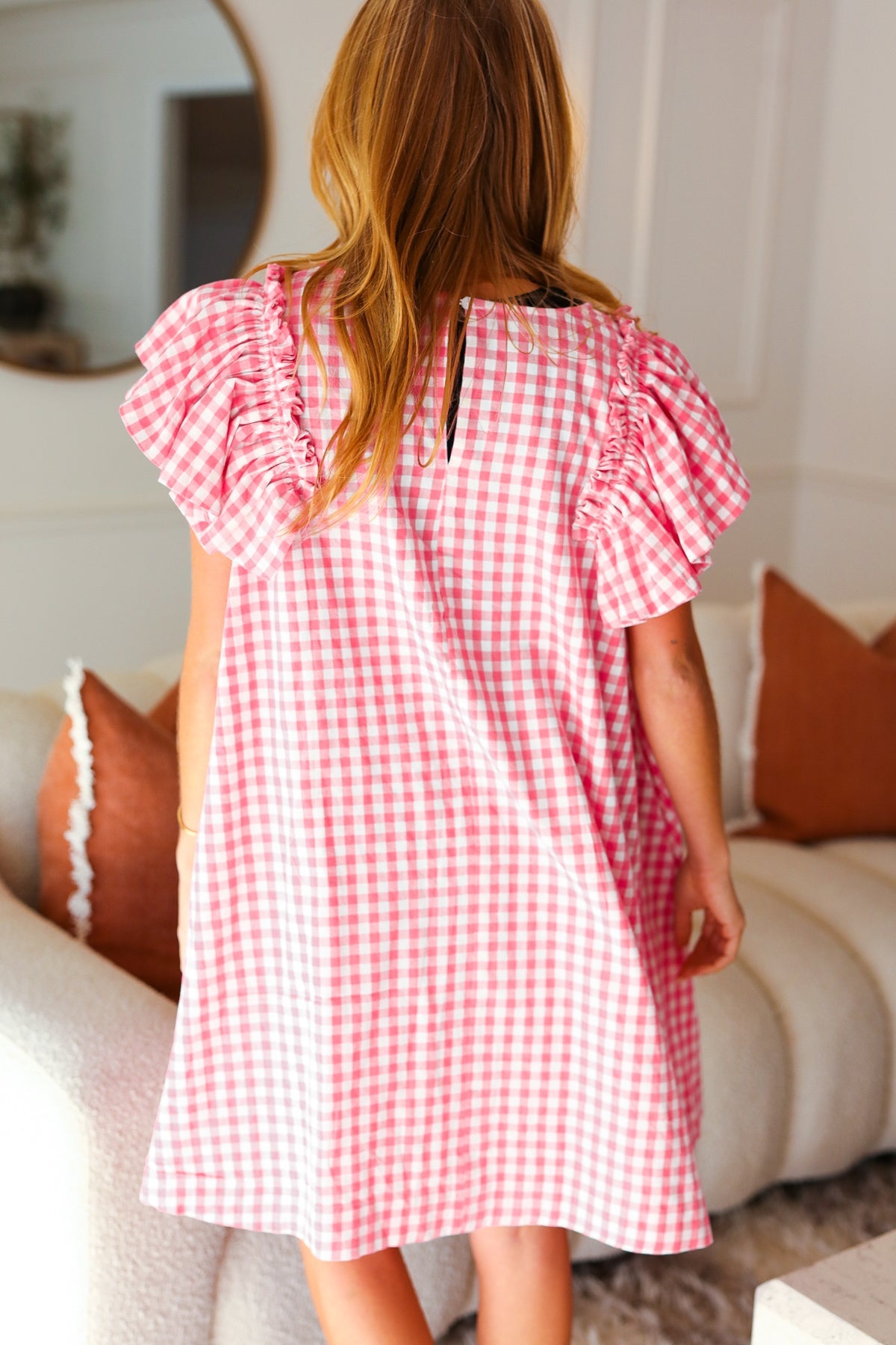 Haptics Pink Gingham Check Ruffle Sleeve Dress Haptics