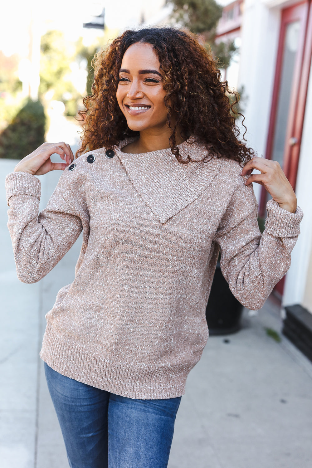 Hem & Thread Marbled Taupe Rib Button Collared Sweater Pullover Sweater