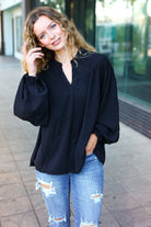 Haptics Boho Vibes Black Notched Neck Smocked Bubble Sleeve Top Haptics