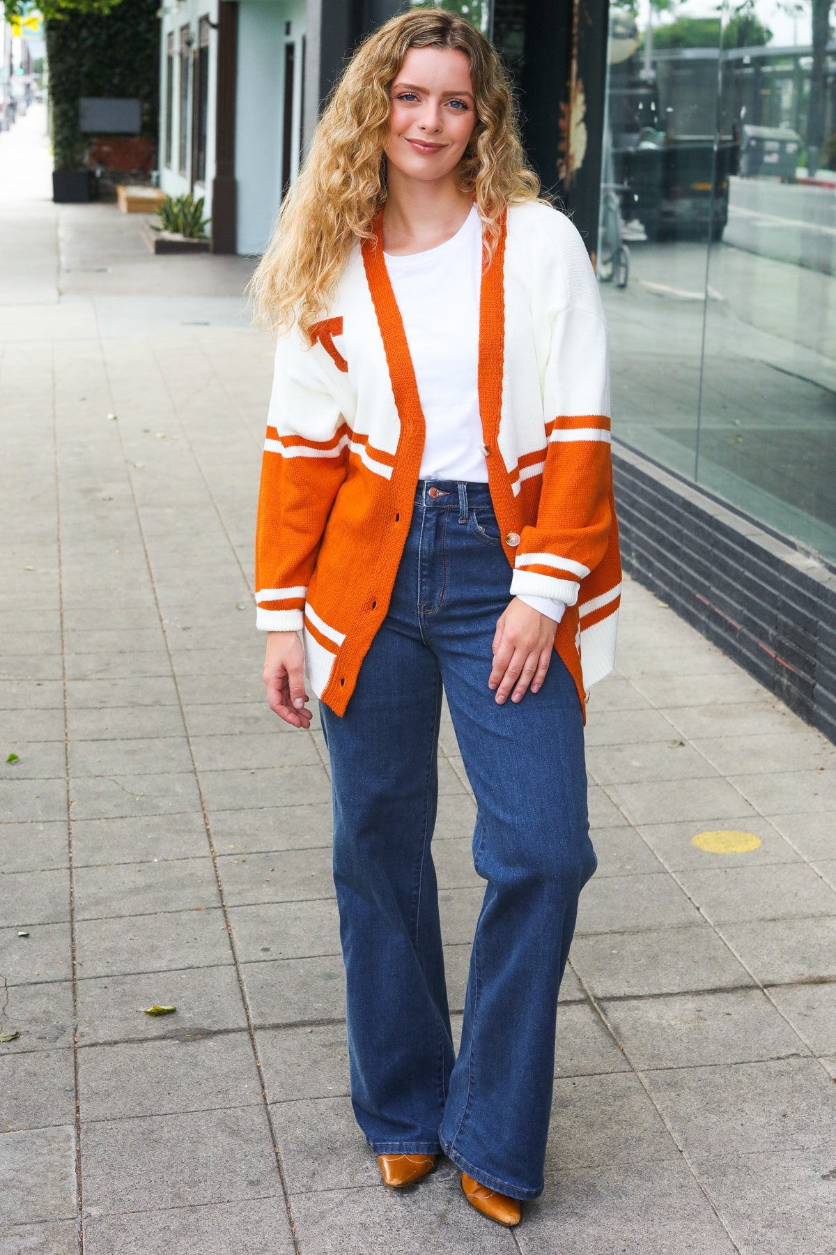 Haptics Game Day Burnt Orange "T" Embroidered Cardigan Haptics