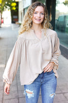 Haptics Boho Vibes Taupe Notched Neck Smocked Bubble Sleeve Top Haptics