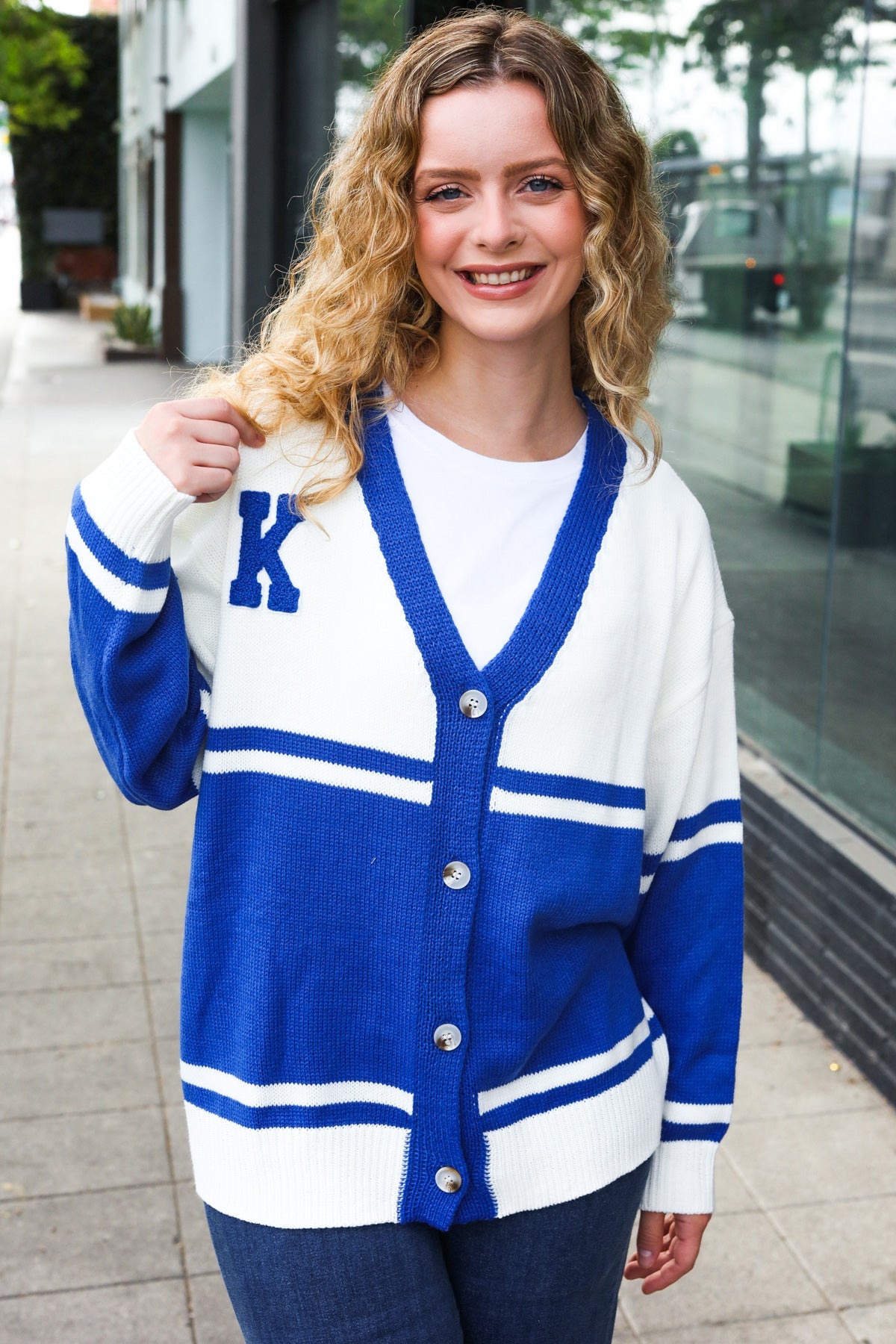 Haptics Game Day Blue "K" Embroidered Cardigan Haptics