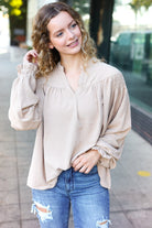 Haptics Boho Vibes Taupe Notched Neck Smocked Bubble Sleeve Top Haptics