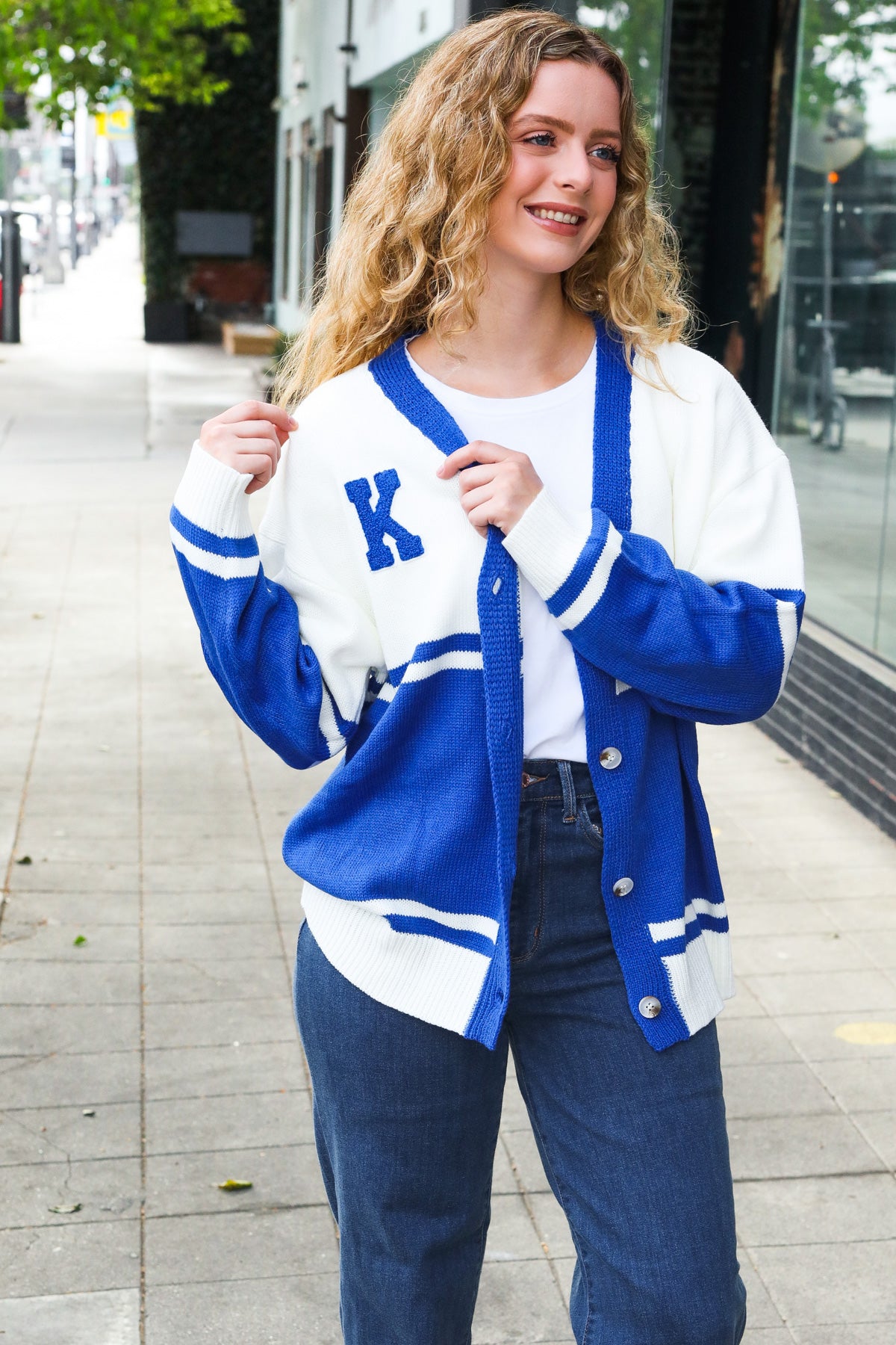 Haptics Game Day Blue "K" Embroidered Cardigan Haptics