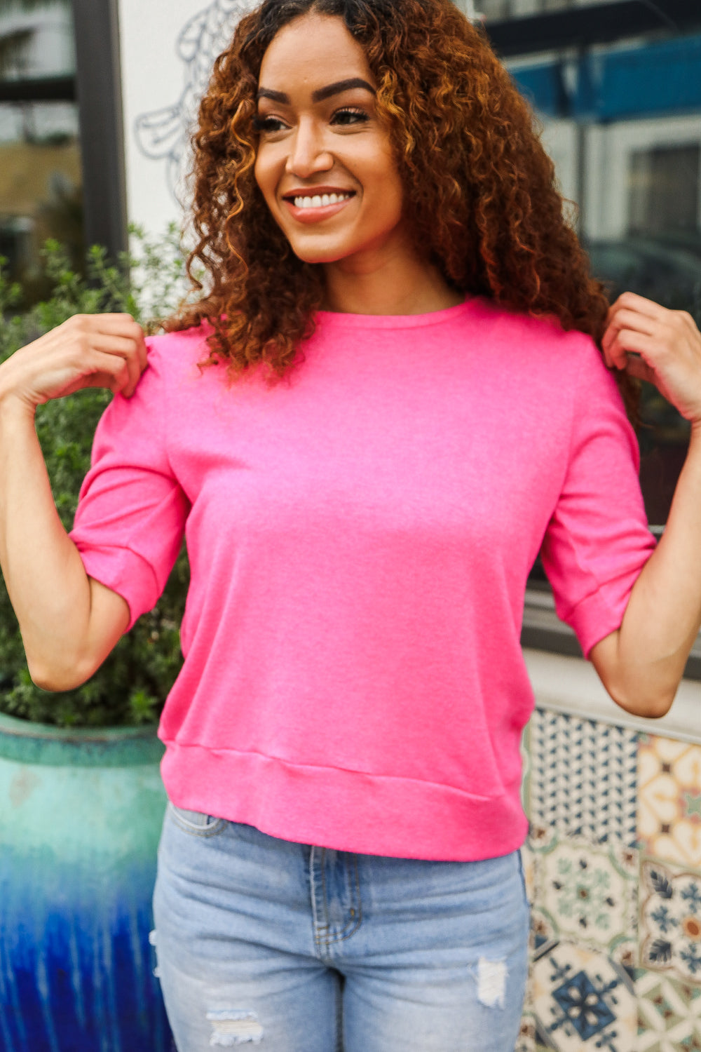 Haptics Pink Mock Neck With Back Ribbon Bow Tie Sweater Top