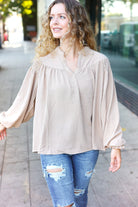 Haptics Boho Vibes Taupe Notched Neck Smocked Bubble Sleeve Top Haptics