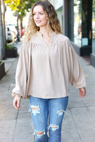 Haptics Boho Vibes Taupe Notched Neck Smocked Bubble Sleeve Top Haptics