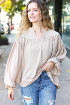 Haptics Boho Vibes Taupe Notched Neck Smocked Bubble Sleeve Top Haptics