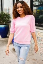 Haptics Pink Puff Bubble Short Sleeve Wavy Rib Knit Top Shirts & Tops