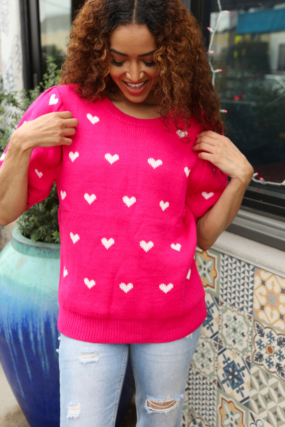 Haptics Pink & White Heart Oversized Jacquard Sweater Shirts & Tops