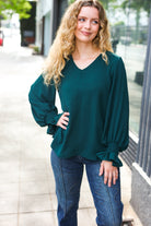 Haptics Hello Beautiful Hunter Green Smocked Bubble Sleeve Woven Top Haptics