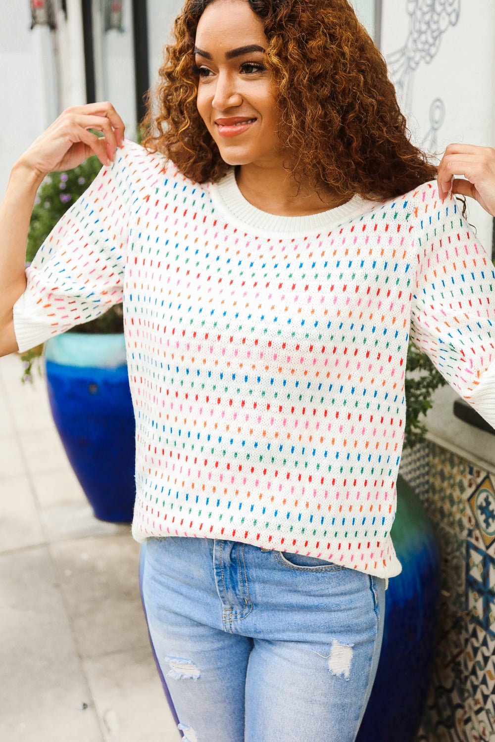 Haptics Ivory & Multicolor Jacquard Bubble Sleeve Sweater Shirts & Tops