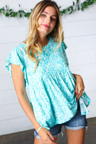 Haptics Aqua Boho Print Ruffle Short Sleeve Babydoll Top