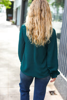 Haptics Hello Beautiful Hunter Green Smocked Bubble Sleeve Woven Top Haptics