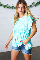 Haptics Aqua Boho Print Ruffle Short Sleeve Babydoll Top