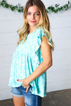 Haptics Aqua Boho Print Ruffle Short Sleeve Babydoll Top