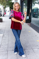 Haptics Diva Dreams Wine Floral Sequin Puff Sleeve Velvet Top Haptics