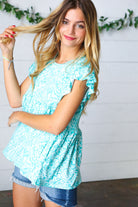 Haptics Aqua Boho Print Ruffle Short Sleeve Babydoll Top