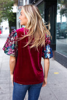 Haptics Diva Dreams Wine Floral Sequin Puff Sleeve Velvet Top Haptics