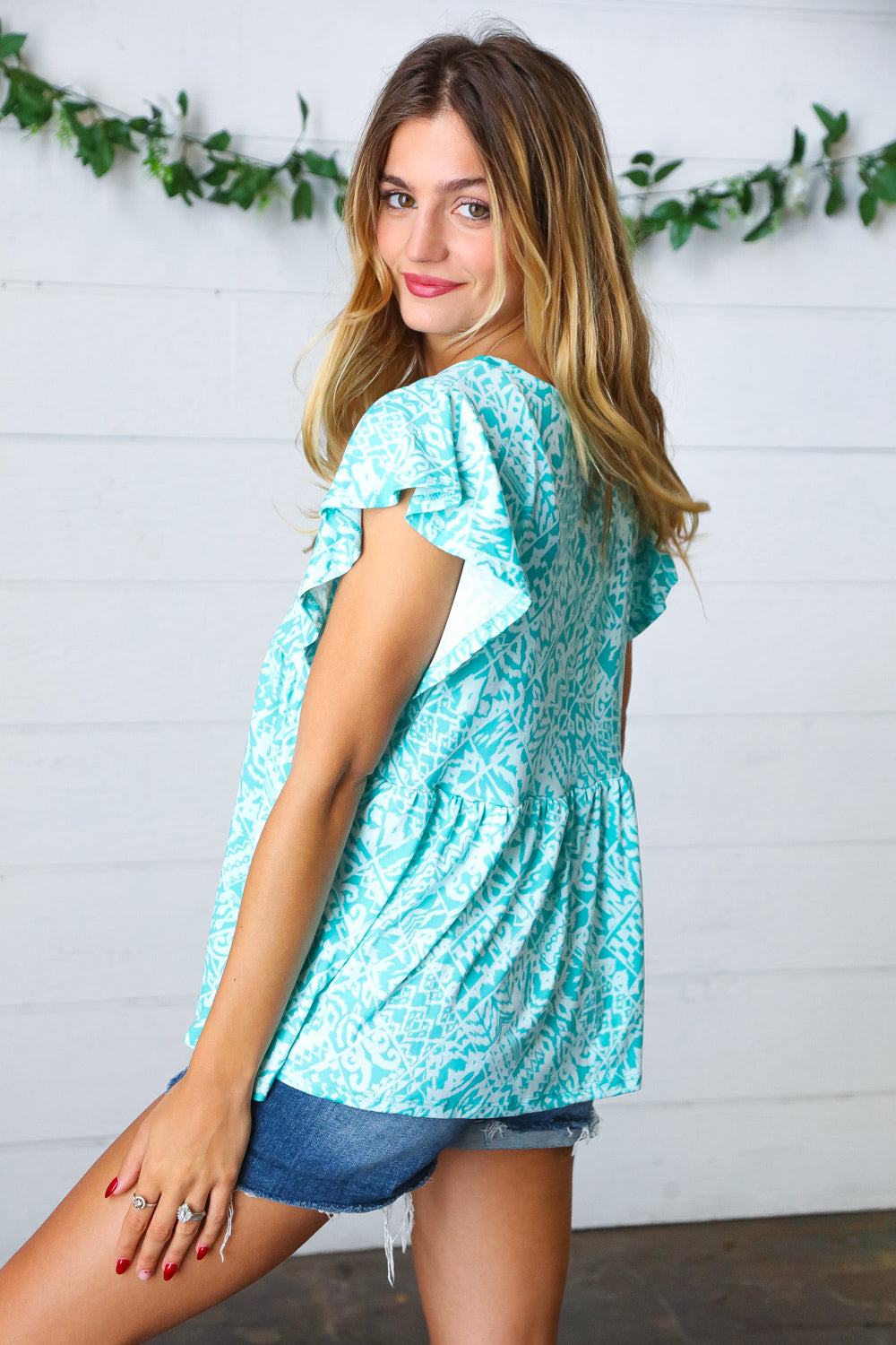 Haptics Aqua Boho Print Ruffle Short Sleeve Babydoll Top