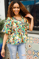 Haptics Green/Yellow Floral Frill Balloon Short Sleeve Blouse Shirts & Tops