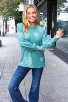 Haptics Holiday Ready Green Snowflake Brushed Hacci Sweater Top Haptics