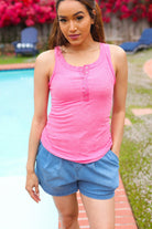 Zenana Summer Days Fuchsia Melange Ribbed Henley Button Down Tank Zenana